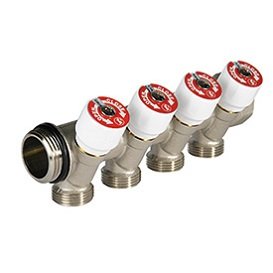 Коллектор сантехнический Giacomini R585C 3/4"x3/4"E, 2 отвода, с отсечными вентилями, никелированный
