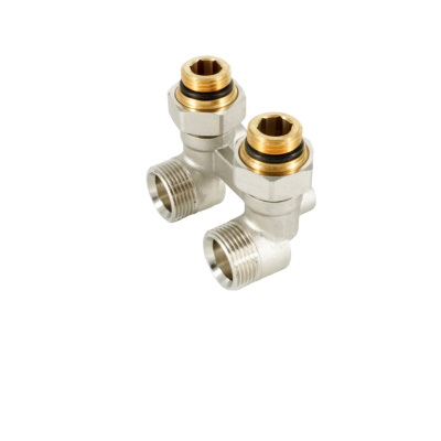 Блок шаровых кранов угловой Rehau RAUTITAN 1/2"x3/4", латунь никелированная, с соединительным ниппелем