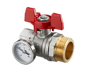 Кран шаровой с плоским уплотнением Oventrop DN25 G1BP x G1HP, с термометром (0-80 °C), красная рукоятка